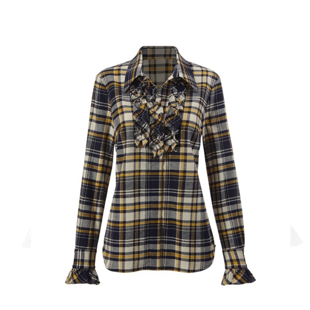 Cabi like new Seattle plaid Shirt style #4233 size Small blue yellow flannel